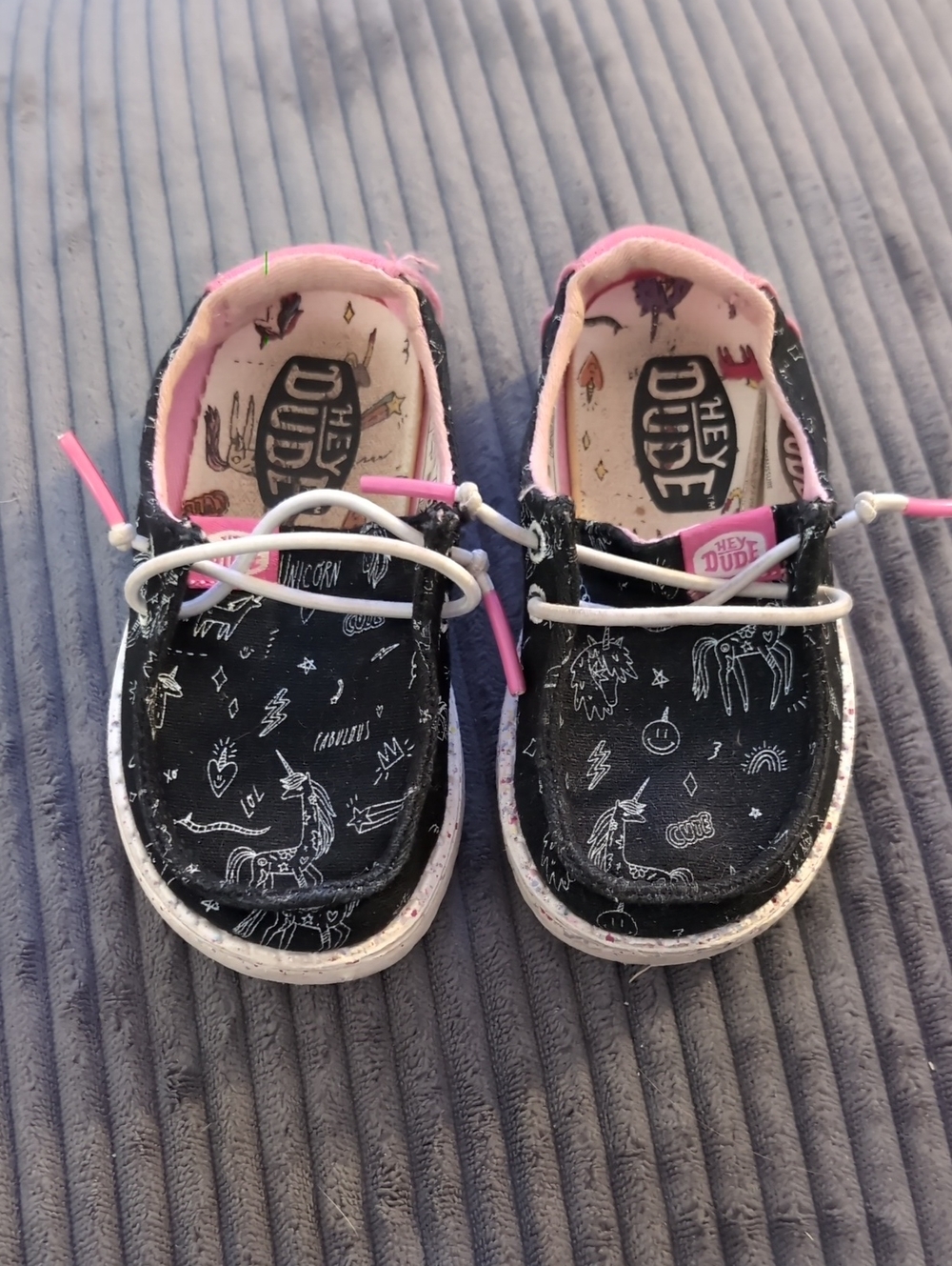 Hey Dude Kids Black Unicorn Print Slip-Ons with Pink Accents